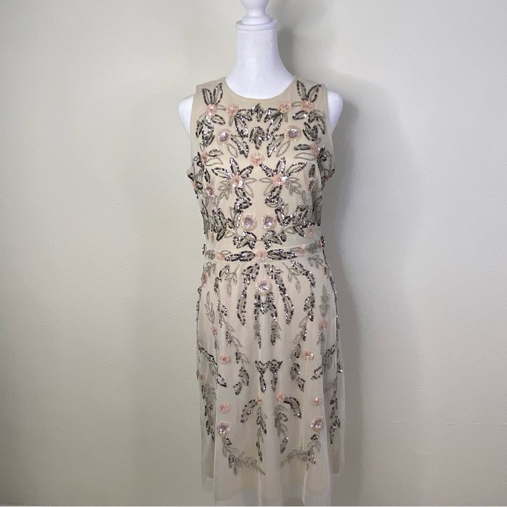 Adrianna Papell Beaded Mesh Sleeveless Midi Dress 8 Floral Pink Soft Regencycore